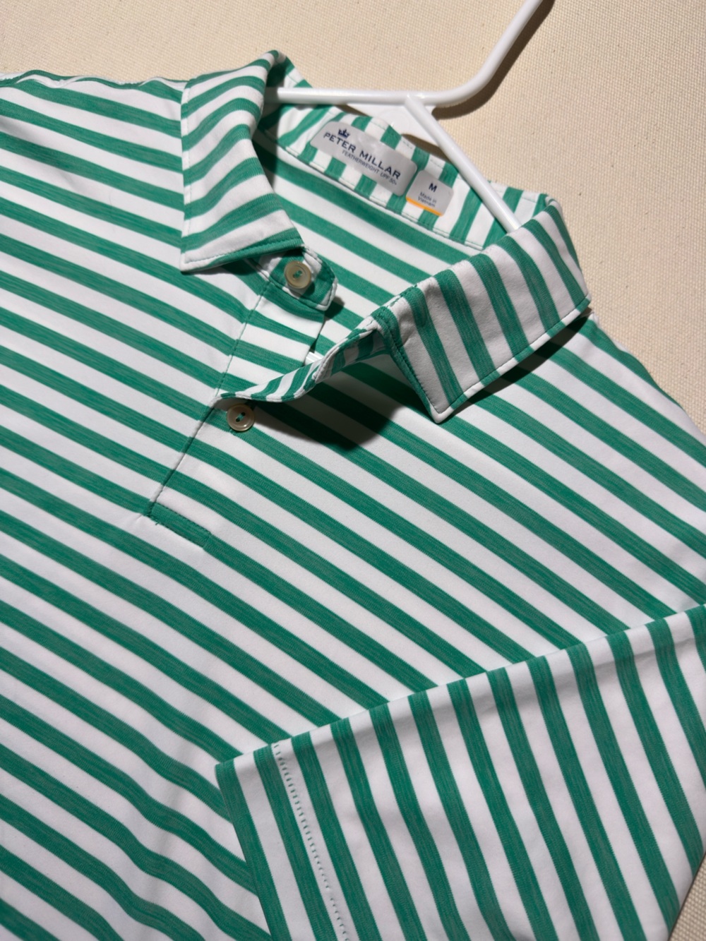 Peter Millar Featherweight Green & White Striped Golf Polo